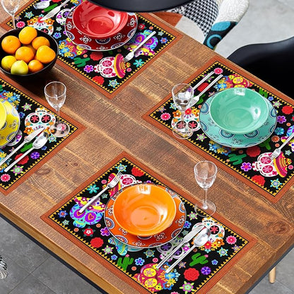 Mexican Placemats Set of 4 - Colorful Floral Skull Table Place Mats 12x18 for Indoor Outdoor Kitchen Dining Table