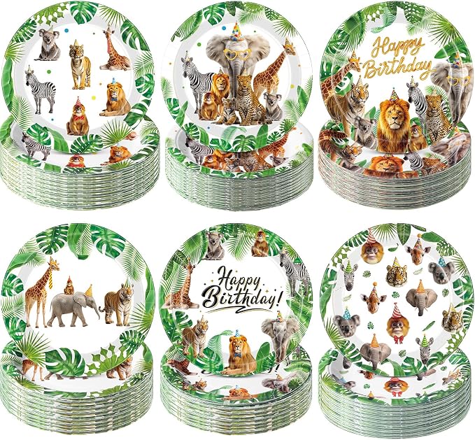 Gerrii 60 Pcs Wild Animals Themed Party Plates 7 Inch Happy Birthday Disposable by Gerrii