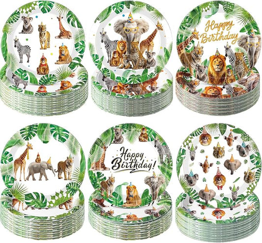 Gerrii 60 Pcs Wild Animals Themed Party Plates 7 Inch Happy Birthday Disposable by Gerrii