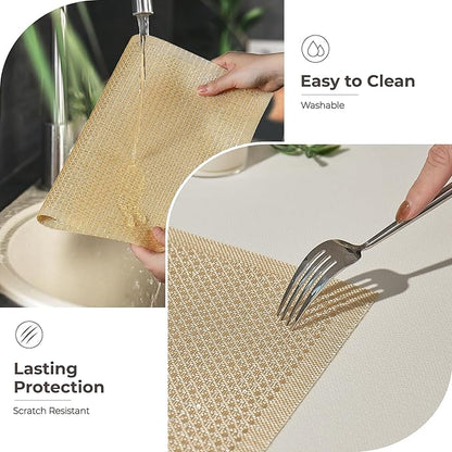 Leetaltree Luxury Gold Sequin Placemats Set of 6 - Waterproof Washable for Wedding, Anniversary, Daily Use - Sparkling Table Decor - Hand-Cut