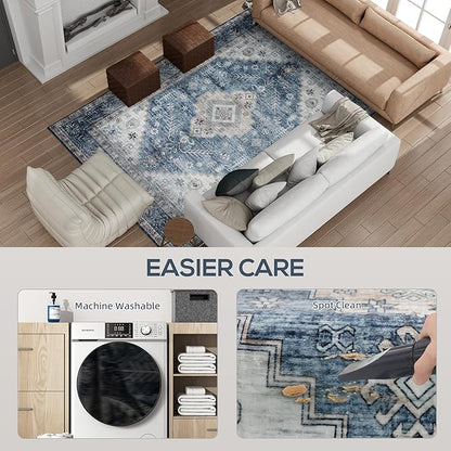 HOMCOM Washable Area Rug, 5'x7' Vintage Indoor Distressed Carpet, Retro Floor Cover Foldable, Floral Print Mat for Living Room, Bedroom, Dining Room, Blue