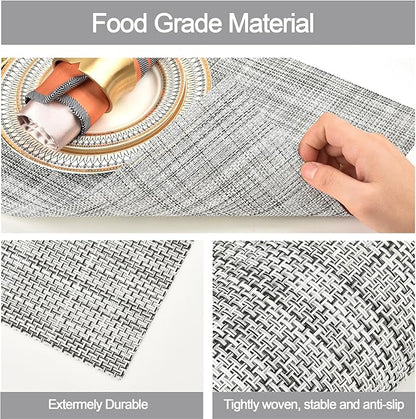 SLKQG Gray Placemats Set of 6 - Easy Clean Washable Vinyl Placemats - Wipeable Heat Resistant Table Mats for Dining Table - 17.7x11.8 Inch (6, Gray Black White)