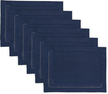 Solino Home Linen Cloth Placemats Set of 6-100% Pure Linen Hemstitch Navy Blue Placemats 14 x 19 Inch - Classic Hemstitch Table Place Mats for Winter, Easter