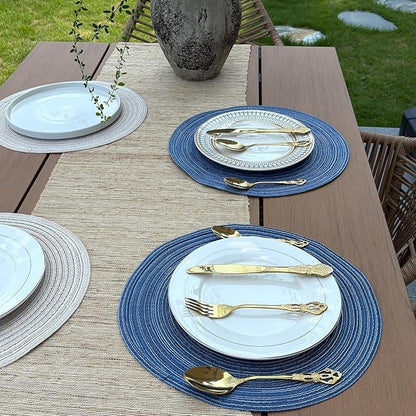 Blue Woven Placemats Set of 8,Washable Wipeable Woven TableMats Set of 8, Rattan Look Placemats,Blue ocen-Like placemats 15 Inch(Blue White)
