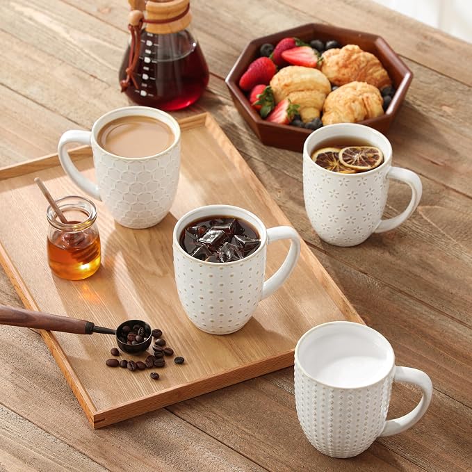 MALACASA LYDIA 16 Oz Coffee Mugs Set of 4, Ceramic Embossed Cups | - Image 4