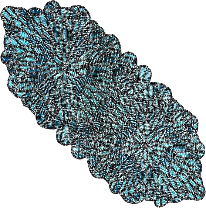 Beaded Table Runner, Floral Art Deco, 13x36 in, polyester backing, sapphire blue by CLEENTABLE