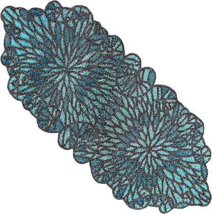 Beaded Table Runner, Floral Art Deco, 13x36 in, polyester backing, sapphire blue by CLEENTABLE