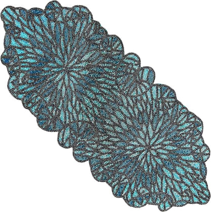 Beaded Table Runner, Floral Art Deco, 13x36 in, polyester backing, sapphire blue - Image 9
