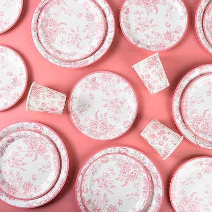 175Pcs Pink Floral Paper Plates and Napkins 25 Guests Pink White Toile - Image 4