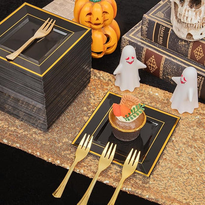 WDF 200PCS Black and Gold Plastic Dessert Plates with Plastic Forks -6’’ 100 Square Disposable Appetizer Plates Small Plate Cake Plate with Gold Rim for New Year