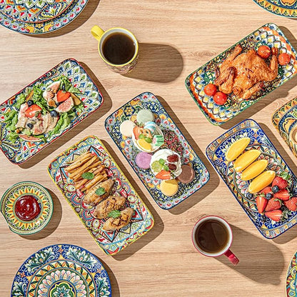 Henten Home Porcelain 10 Inch Dinner Plates, Ceramic Rectangular Salad Plate Set of 6, Bohemian Serving Dishes for Sushi, Pasta, Appetizer, Microwave & Dishwasher Safe