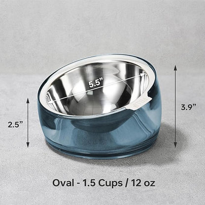 Felli Pet Oblik Acrylic Raised Dog Food Water Bowl Stainless Steel Slanted Oval Dish for Short Leg Puppy & Small Medium Pet, Elevated Tilted Metal Feeder (Shadow, 1.5 Cups Oval Dish)