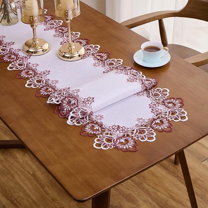 White Dark Red Jacquard Lace Table Runner 90 inches Long, Claret Dresser Scarf - Image 4