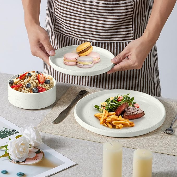 E-far Dinnerware Sets for 6, 18-Piece Stoneware Plates and Bowls Set, Modern Kitchen Dinning Dishware, Chip and Scratch Resistant, Microwave & Dishwasher Safe, Speckled White