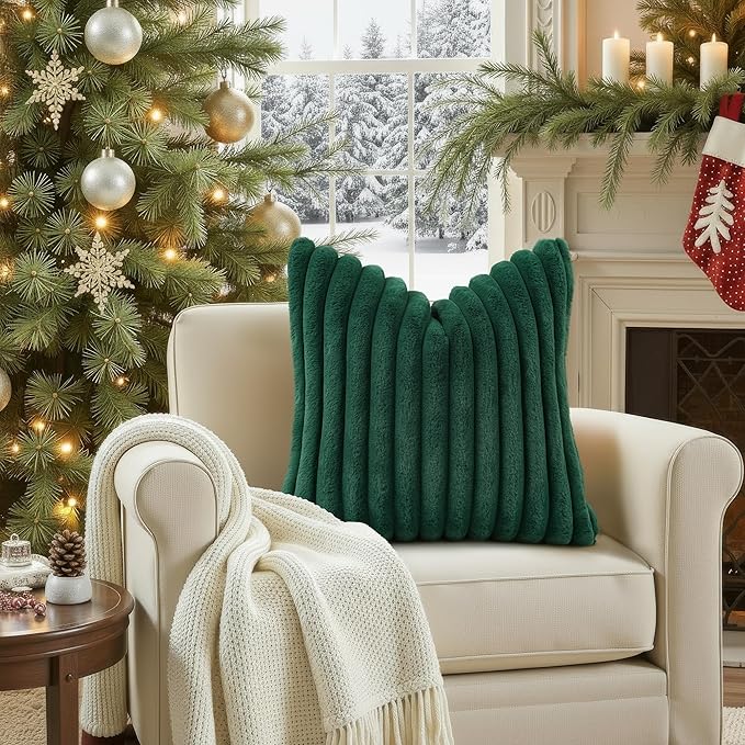 decorUhome Cozy Faux Fur Spring Throw Pillow Covers 16x16 Set of 2 Decorative Soft Plush Striped Modern Farmhouse Boho Couch Pillow Cases with Velvet Back for Sofa Bed Living Room, Christmas Green