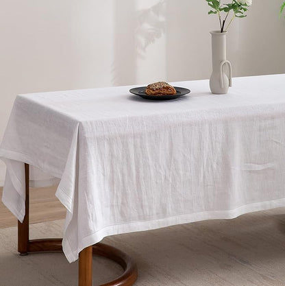 EVERLY Pure Linen Hemstitch Tablecloth,100% Stonewashed French Linen tablecloths for Kitchen Dining Rectangle Tables,60x84Inch Machine Washable Christmas Thanksgiving Organic Tablecloth-White
