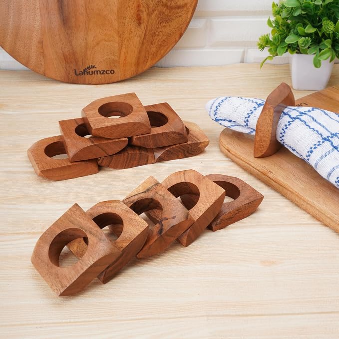 Acacia Wood Napkin Rings Set of 12 – Handmade Square Rustic Wooden Napkin - Image 2