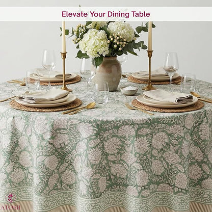 ATOSII Jade 100% Cotton Boho Round Tablecloth, Block Print Floral Table Cloth Linen for Dining, Parties, Weddings, Outdoors I Table Decor 72" Inches Diameter I