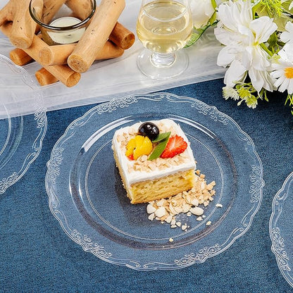 DaYammi 60PCS Clear Plastic Plates Heavy Duty Clear Disposable Plates 7.5” Fancy Dessert Plates Small Cake Plates Appetizer Platos Hard Round Plastic Platos Disposable for Wedding and Party