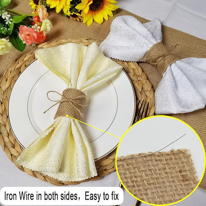 Natural Burlap Napkin Rings Set of 100 pcs with Jute Rope,Disposable Napkin Bands Bulk,Rustic Serviette Ring for Tables,Decorations,Wedding,Dinner,Country Party Decor