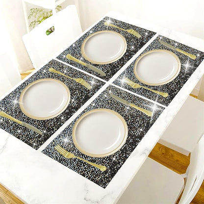 Black Square Placemats - Heat Resistant Mat Set of 2 with Rhinestone Decor and Sparkly Bling