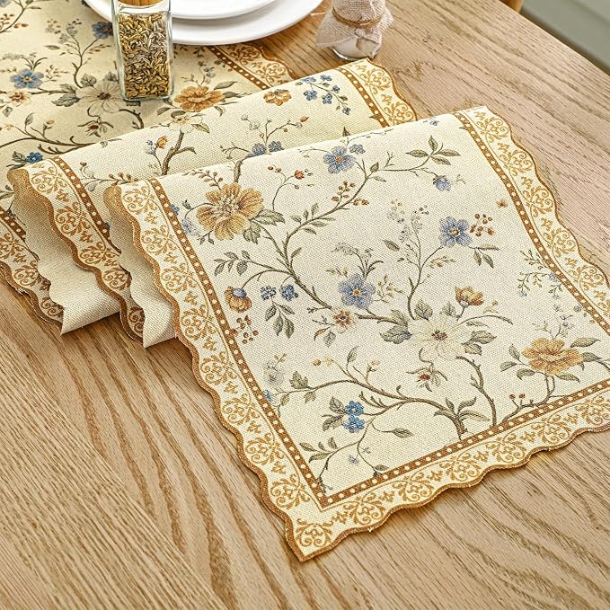 HunnmingRe Chinoiserie Table Runner Light Brown White Floral Table Runner - Image 2
