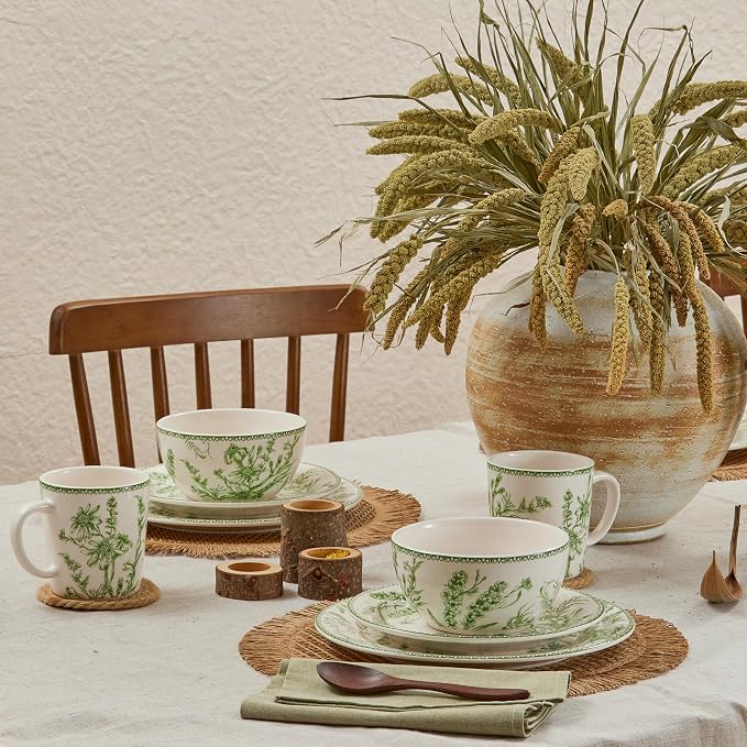 Bico Green Garden Toile De Jouy Cereal Bowls Set of 4, 26 oz Deep Ceramic Soup - Image 6