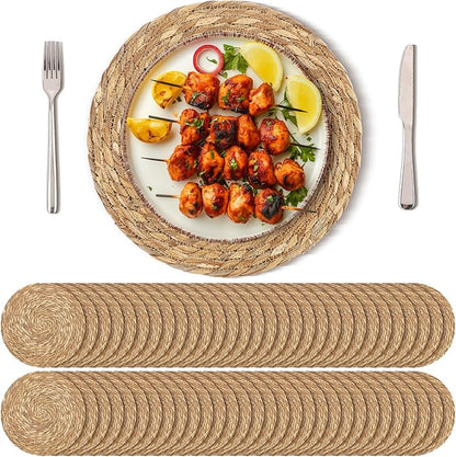 Kochorie Set of 60 Round Woven Placemats 12 Inches Bulrush Placemats Natural Hand-Woven Boho Rattan Placemat Wicker Table Mats Farmhouse Weave Place Mats for Home Dining