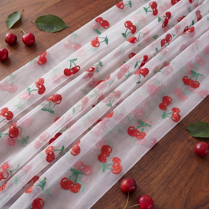 4 Pcs Cherry Table Runners 29 x 70 Inch Glitter Cherry Tulle Lace Table Runner - Image 2