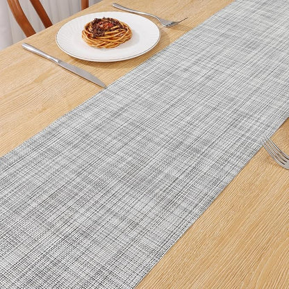 SHACOS Woven Vinyl Table Runners 12 x 54 inch Wipe Clean PVC Weave Table Runners Heat Resistant Runner for Table Indoor Outdoor, Gray White