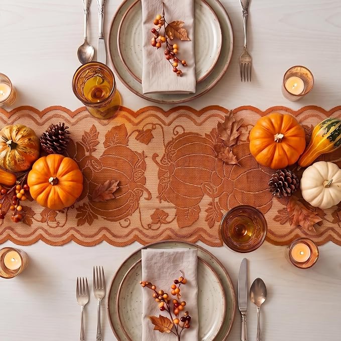 Artoid Mode Lace Jacquard Pumpkin Leaf Fall Table Runner, Seasonal Thanksgiving - Image 3
