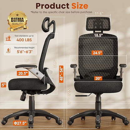 GABRYLLY Ergonomic Office Chair, High Back Home Desk Chair with Flip-Up Arms, 3D Headrest, Thick Sponge Sea &90-120° Recline, Big and Tall Mesh Executive Chairs for Man Woman, Midnight-Cloud