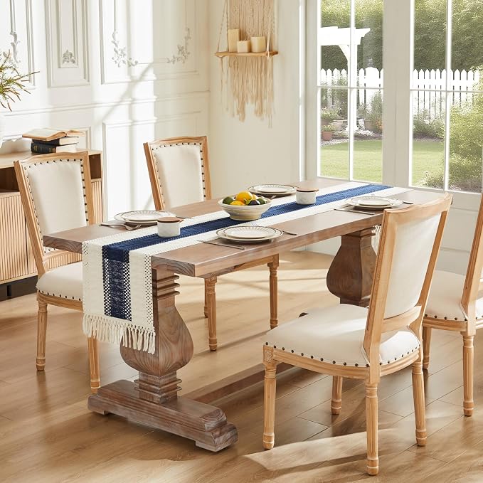 Macrame Style Bicolor Stitching Table Runner 14x90in Navy Blue | Woven Boho - Image 2