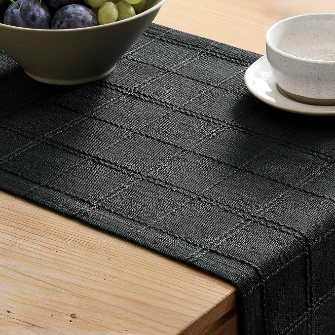 Linen Checked Farmhouse Table Runner, 13x60 Inches Black | Raised Grid Design - Image 5