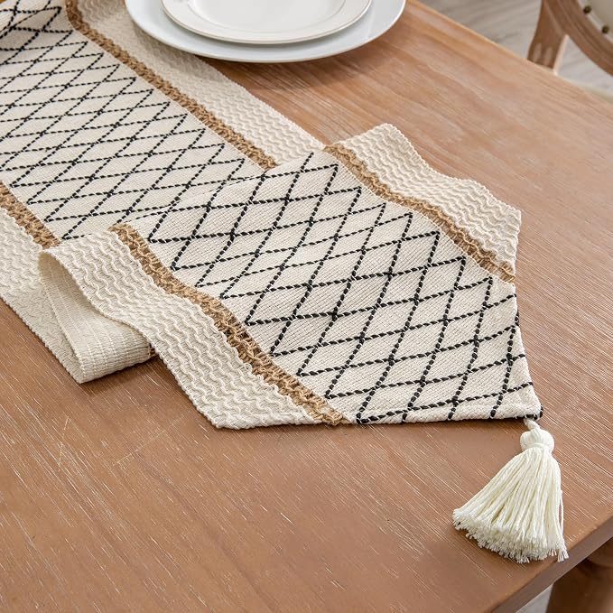 Table Runner, Boho Style with Tassels, Cotton & Linen, Farmhouse Home Decor - Image 2