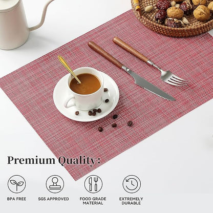 Leetaltree Red Placemats Set of 12 - Heat Resistant Non-Slip Place mats for Dining Table, Washable Durable PVC Vinyl Woven Table Mats（Red, 12）
