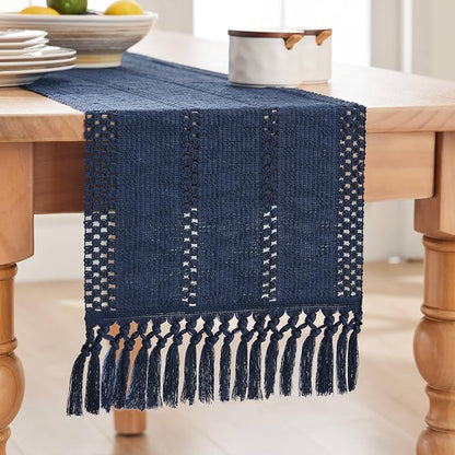 Macrame Style Boho Table Runner, 12x48 Inch Navy Blue | Woven Boho Table Runner - Image 7