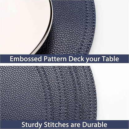 Jovono Navy Faux Leather Round Placemats and Coasters, Coffee Mats Kitchen Table Mats, Waterproof, Easy to Clean for Round Table, Dining Table