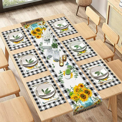 Table Runner and Placemats Set of 6, Sunflower Buffalo | Plaid Floral Flower by ArtSocket