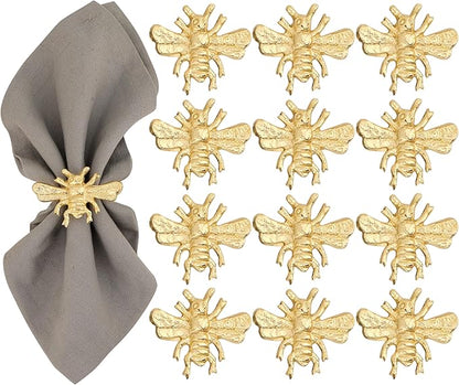 ALPHA Living HOME 12 Pcs Bee Napkin Rings - Decorative Metal Napkin Rings Table Decor Dining Table Cloth Napkin Holder for Christmas Wedding Holidays Dinners Party Supplies Everyday Use (Gold)