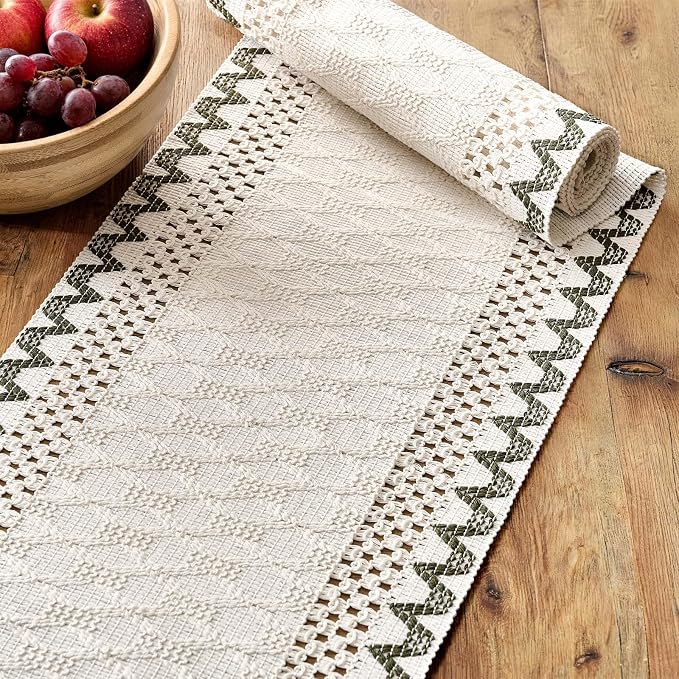 Macrame Side Trim Boho Woven Table Runner, Moss 12x90 Inch | Crochet Hollow - Image 4