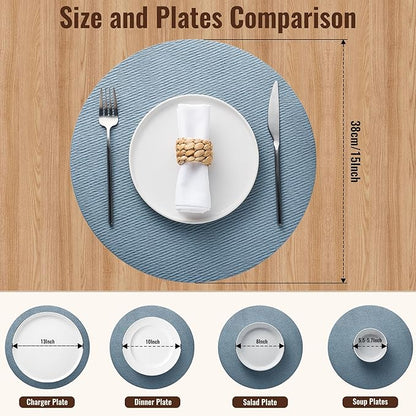 Jovono 15" Faux Leather Big Round Placemats Set of 8 - Washable Heat Resistant Non-Slip Dining Table Mats with Fabric Texture for Kitchen Home Party Decor, Light Blue