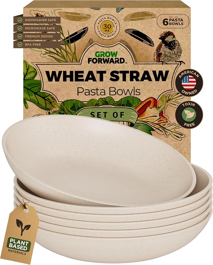 Grow Forward Premium Wheat Straw Pasta Bowls - 30oz Unbreakable Wide & Shallow by GrowForward