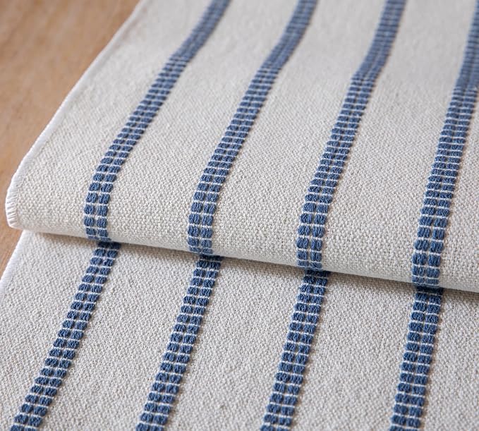 Caflife Boho Table Runner 72 Inchs Long Blue and Beige, Cotton and Linen Woven - Image 4