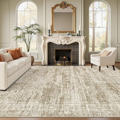 Area Rug 10x12 Vintage Washable Living Room Large Carpet Non Slip Bedroom Indoor Office Dining Room Low Pile Thin Rug Brown