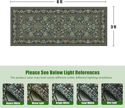 Runner Rugs 3x8 Boho Washable Area Rugs for Entryway Bathroom Kitchen, Long Rugs for Hallway Soft Low Pile Non-Slip Rubber Backing Oriental Dark Green