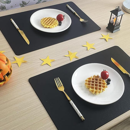 Faux Leather Halloween Placemats HeloHo Black Table Place Mats Set of 6 Waterproof Oilproof Heat Stain Resistant Placemats Washable Wipeable Placemat for Kitchen Dining Table Decoration Indoor Outdoor