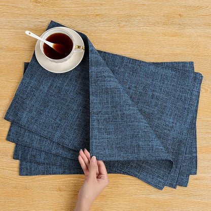 SHACOS Washable Cloth Placemats Set of 6 Fabric Place Mats Double Layered Thick Faux Linen Placemat Non Slip Reversible Table Mats Home Wedding Table Decor, Dark Blue