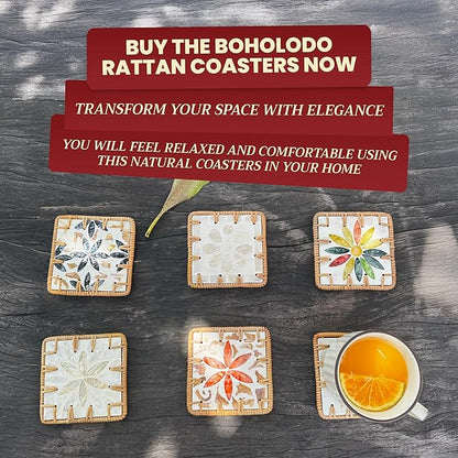 Handmade Rattan Coaster Set of 6, Cute Square Coasters with Mother of Pearl,Colorful Boho Coaster for Decorative, Coffee Table - Bar & Outdoor Drink Coasters, Unique Housewarming - Occasions Gift