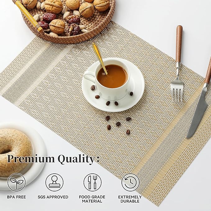 Leetaltree Stardust Yellow Placemats Set of 8 - Heat Resistant Non-Slip Place mats for Dining Table, Washable Durable PVC Vinyl Woven Table Mats（Stardust Yellow, 8）